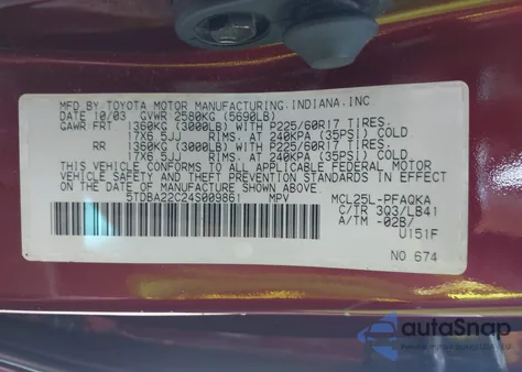 2004 Toyota Sienna Xle Limited из США, поврежденный, VIN 5TDBA22C24S009861